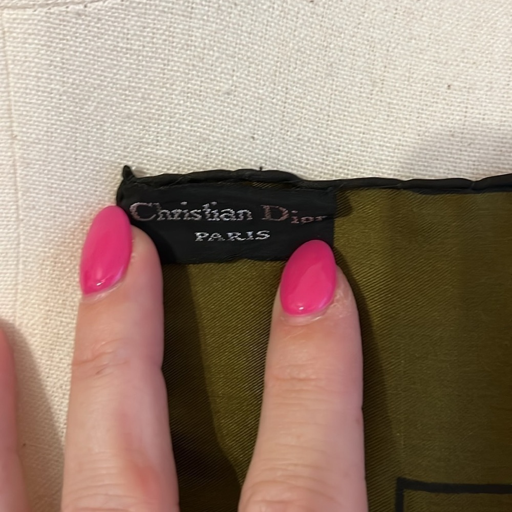 Vintage Christian Dior Silk Scarf 18x18in Olive Green and Paisley - Picture 3 of 3